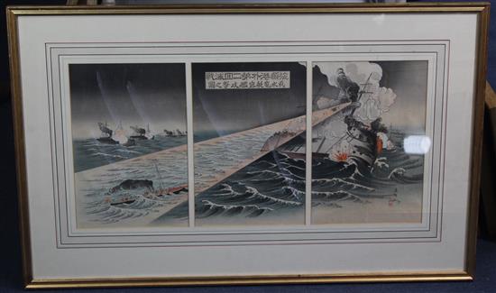Ga Kyojin Matahari Japanese torpedo boats attacking a Russian war ship, 1904, overall 13.5 x 28in.